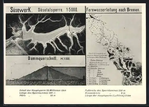 AK Osterode / Harz, Karte der Sösetalsperre und Fernwasserleitung nach Bremen