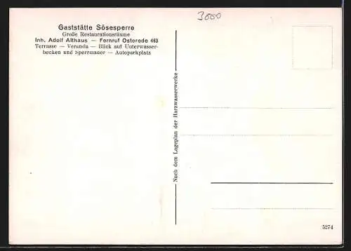 AK Osterode / Harz, Karte der Sösetalsperre und Fernwasserleitung nach Bremen