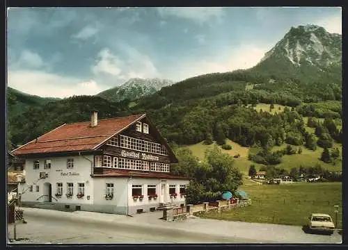 AK Oberstdorf-Rubi /Allgäu, Gasthof Rubihorn, Bes. Willi Kappeler, Aussenansicht mit Bergen