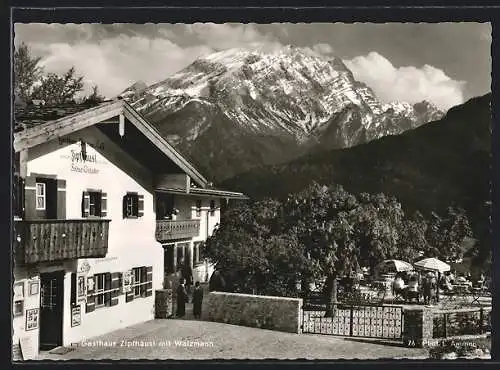 AK Ramsau b. Berchtesgaden, Gasthaus Zipfhäusl, Ansicht mit dem Watzmann