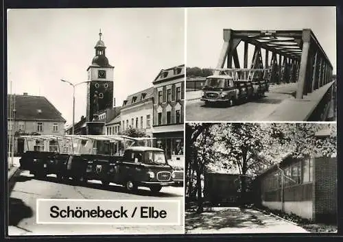 AK Schönebeck /Elbe, Minibus auf dem Dorfplatz