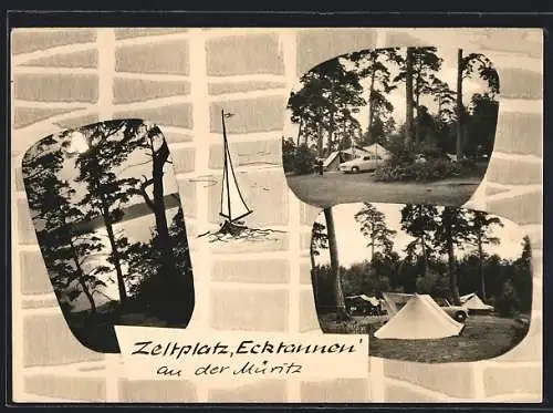 AK Waren, Zeltplatz Ecktannen, Blick auf den See, Segelboot