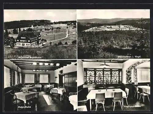 AK Mühlleithen, Panorama, HO-Hotel Buschhaus mit Hutzn-Stube u. Vogtland-Stube