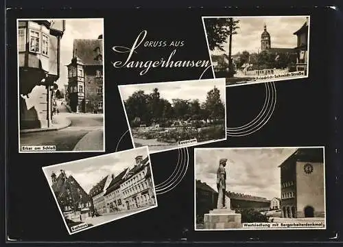 AK Sangerhausen, Friedrich-Schmidt-Strasse, Westsiedlung mit Bergarbeiterdenkmal, Rosarium, Rathaus, Erker am Schloss