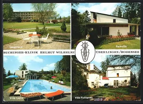 AK Überlingen /Bodensee, Die Buchinger-Klinik v. Helmut Wilhelmi, Haupthaus, Parkvilla, Villa Larix, Villa Fichtenau