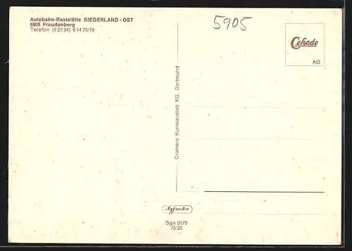 AK Freudenberg, Autobahn-Raststätte Siegerland-Ost, Aussen- und Innenansichten