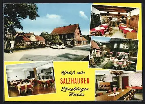 AK Salzhausen /Lüneburger Heide, Hotel-Restaurant Rüter`s Gasthaus mit Innenansichten und Garten