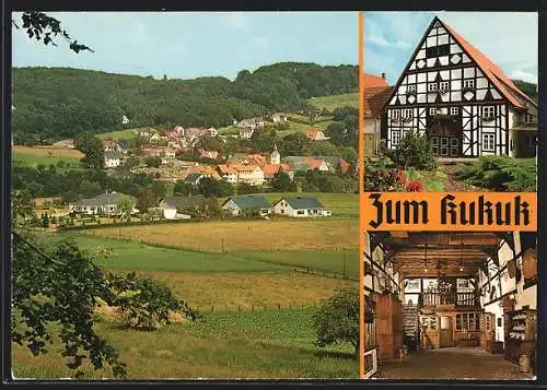 AK Nieheim-Himmighausen, Altdeutsche Gaststätte Zum Kukuk mit Innenansicht, Ortsansicht