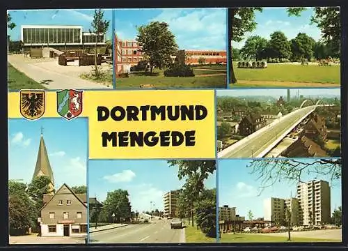 AK Dortmund-Mengede, Spielplatz, Parkpartie, Stadtautobahn, Hochhaus, Blick zur Kirche