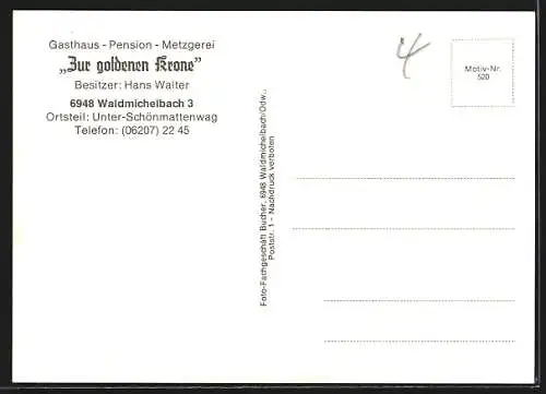 AK Waldmichelbach, Gasthaus-Pension Zur goldenen Krone v. Hans Walter, mit Innenansichten