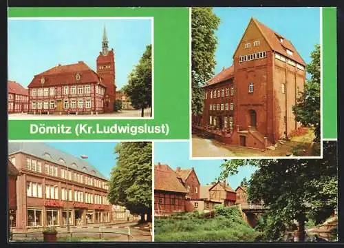 AK Dömitz /Ludwigslust, Rathaus, Festung und Museum, Fritz-Reuter-Gedenkhalle, Konsum-Kaufhaus, Elde an der Tornbrücke