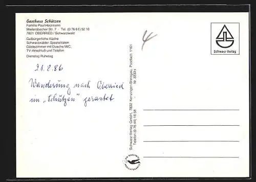 AK Oberried /Schwarzwald, Das Gasthaus Schützen der Familie Heizmann mit Innenansicht, Weilersbacher Str. 7