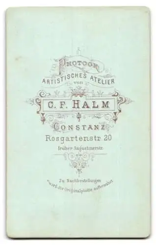 Fotografie F. Halm, Konstanz, Rosgartenstr. 20, Portrait eines Mannes mit Schnurrbart