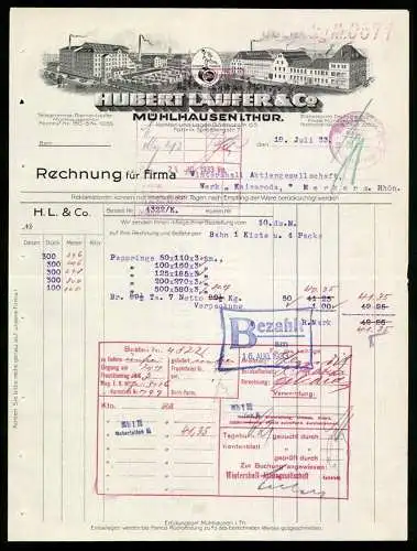 Rechnung Mühlhausen i. Thür. 1933, Firma Hubert Laufer & Co., Ansicht zweier Betriebsgelände und Schutzmarke