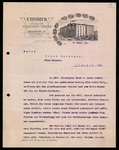 Rechnung Frankfurt a. M. 1911, F. Einbeck, Möbel-Fabrik, Geschäftsgebäude und Messe-Medaillen