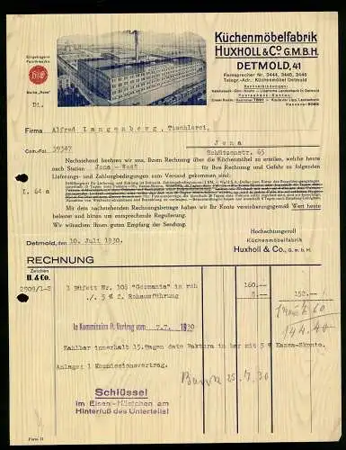 Rechnung Detmold 1930, Huxholl & Co. GmbH, Küchenmöbelfabrik, Das Fabrikgelände aus der Vogelschau