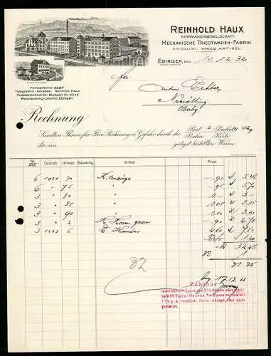 Rechnung Ebingen 1932, Reinhold Haux KG, Tricotwaren-Fabrik, Hauptstandort und Filiale Lautlingen