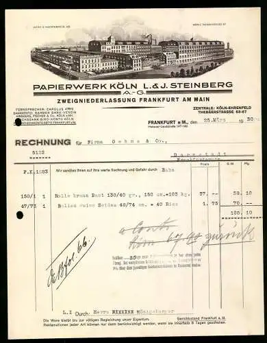 Rechnung Frankfurt a. M. 1930, L. & J. Steinberg AG, Papierwerk, Gesamtansicht der Betriebsanlage mit Einfahrtstor