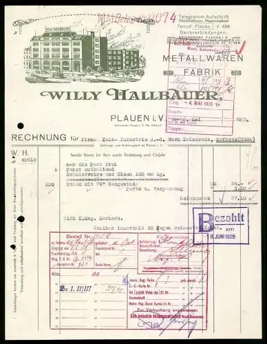 Rechnung Plauen i. V. 1928, Willy Hallbauer, Metallwaren-Fabrik, Strassenbahn vor dem Geschäftshaus