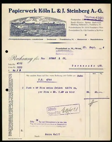 Rechnung Frankfurt a. M. 1926, L. & J. Steinberg AG, Papierwerk, Gesamtansicht der Betriebsanlage