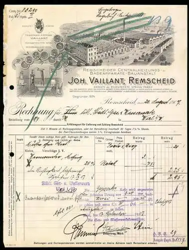 Rechnung Remscheid 1907, Joh. Vaillant, Centralheizungs- & Badeapparate-Bauanstalt, Werkansicht, Produkte, Medaillen