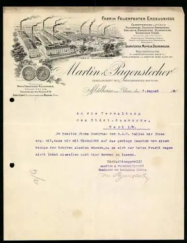 Rechnung Mülheim am Rhein 1908, Martin & Pagenstecher, Fabrik feuerfester Erzeugnisse, Werk in der Schanzenstrasse 5