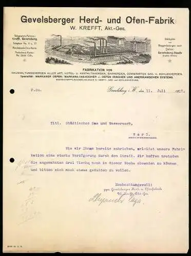 Rechnung Gevelsberg i. W. 1910, W. Krefft AG, Herd- und Ofen-Fabrik, Gesamtansicht des Werkes am Fluss