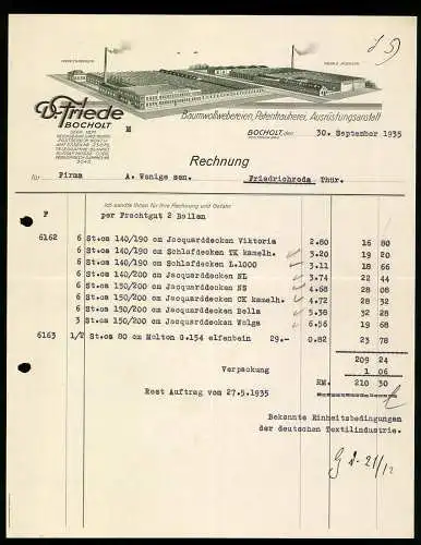 Rechnung Bocholt 1935, D. Friede, Textilfabrikation, Modellansichten der Werke in Speer- und Jägerstrasse