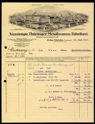 Rechnung Zella-Mehlis 1930, Vereinigte Thüringer Metallwaren-Fabriken AG, Drei Werke und Beamten-Wohnungen