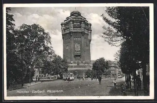 AK München-Gladbach, Strassenpartie am Wasserturm