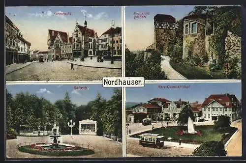 AK Nordhausen, Kornmarkt, Strassenbahn am Harz-Querbahnhof, Primariusgraben, Gehege