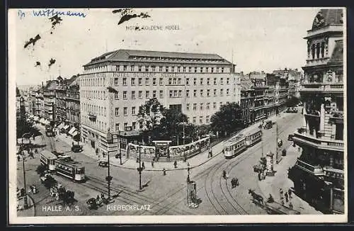 AK Halle a.S., Strassenbahn und Geschäfte am Riebeckplatz