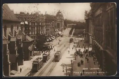 AK Lausanne, Place St. Francois et Derrière Bourg, Strassenbahn