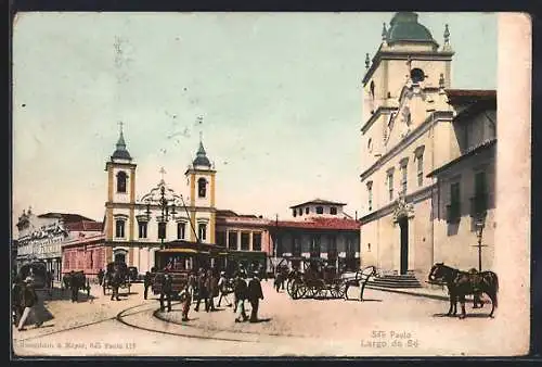 AK Sao Paulo, Largo da Sé, Strassenbahn