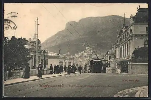 AK Monte-Carlo, La Poste et nouvelle Cercle, Strassenbahn