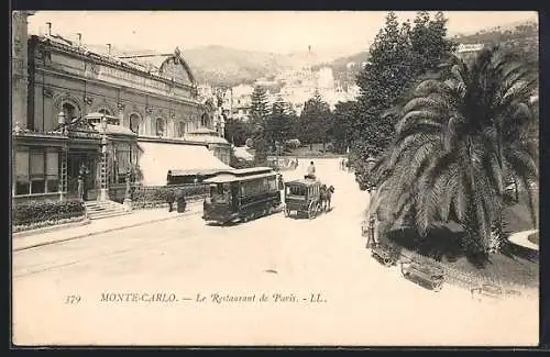 AK Monte-Carlo, Strassenbahn und Kutsche am Restaurant de Paris