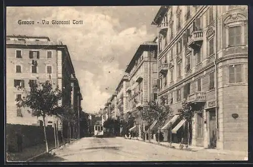 AK Genova, Via Giovanni Corti, Strassenbahn