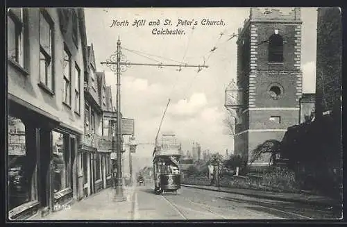 AK Colchester, North Hill and St. Peter`s Church, Strassenbahn