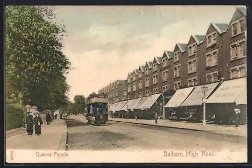 AK Balham, High Road, Queens Parade, Strassenbahn