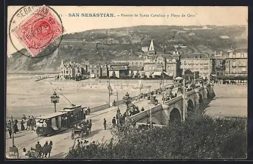 AK San Sebastian, Puente de Santa Catalina y Playa de Gros, Strassenbahn