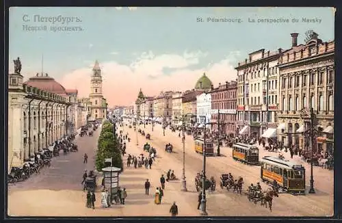 AK St. Pétersbourg, La Perspective du Nevsky, Strassenbahn