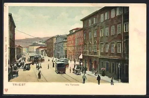 AK Triest, Via Torrente, Strassenbahn