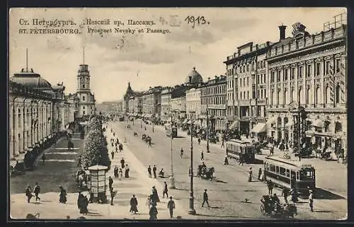 Künstler-AK St. Petersbourg, Nevsky prospect et Passage, Strassenbahnen