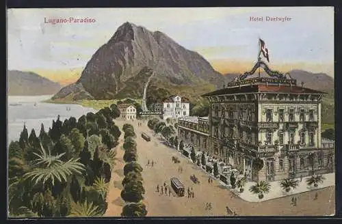 AK Lugano-Paradiso, Hotel Daetwyler mit Strassenbahn