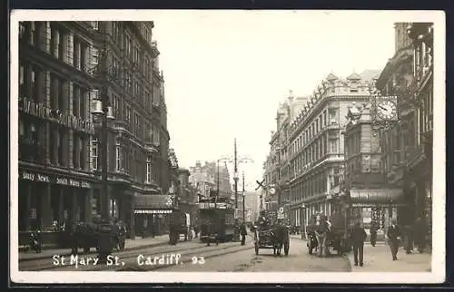 AK Cardiff, St. Mary Street, Daily News / South Wales Echo Building, Strassenbahn