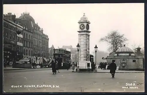 AK Clapham, Clock Tower, Underground Station, Strassenbahn