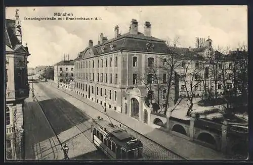 AK München, Ismaningerstrasse mit Krankenhaus r. d. l. und Strassenbahn