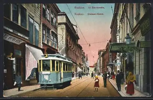 AK Krakau, Slakauer-Gasse mit Strassenbahn