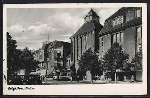 AK Stolp i. Pom., Neutor mit Strassenbahn