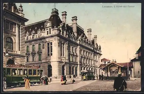 AK Lausanne, L`Hotel des Postes, Strassenbahn